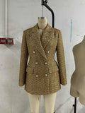 Chic Luxurious Tweed Blazer for Wommen Noched Collar Long Sleeve Patcfhwork Double Breasted Elegant Formal Coat Female New