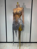 Sexy Shiny Tassel Diamonds Dress For Women Evening Party Costume Luxury Birthday Bar Nightclub Stage Performance Clothing
