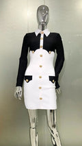 Women's Gold Button Black White Color Matching Dress Fashion Personality Bandage Evening Gown Performance Costume Abiti Da Festa