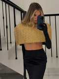 Women Gold Sparkle Capelet Top Elegant Shiny Tweed Shoulder Wrap Turtleneck Short Cloak 2026 Spring Lady Evening Party Outfit
