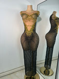 Sparkly Rhinestones Gold Black Long Dress Women Evening Prom Birthday Gown Sexy Transparent Performance Costume Stage Wear