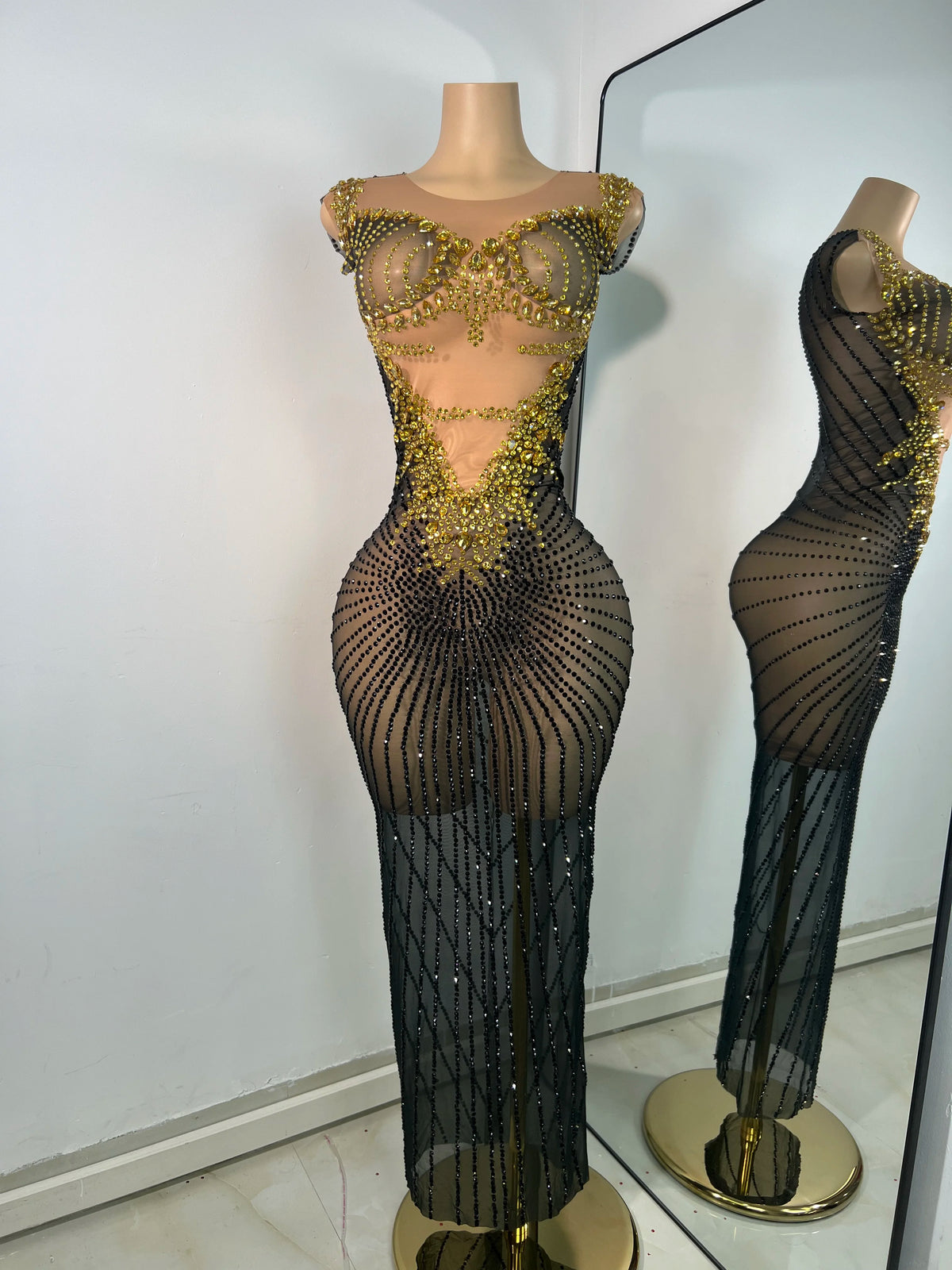 Sparkly Rhinestones Gold Black Long Dress Women Evening Prom Birthday Gown Sexy Transparent Performance Costume Stage Wear