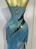 Sparkly Diamonds Tassel Long Dress Birthday Evening Party Sexy Strapless Side High Slit Mesh See Through Nightclub Stage Costume