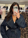 Women Dark Blue Denim Sets Vintage Lapel Belted Peplum Long Sleeve Cuff Top Wide Leg Pants Outfit 2026 Lady Autumn Chic Suits