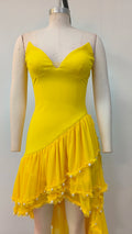 Fashion Yellow Pearl Bead Irregular Draped Dress Women Elegant Strapless High Waist Vestido Summer Lady Club Gowns