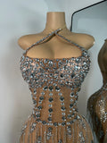 Luxury Crystals Diamonds Evening Party Dress Women Sexy Halter See Through Mesh Birthday Gowns Nightclub Singer Stage Wear
