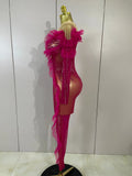 Women Celebrity Evening Party Bar Nightclub Dancer Sexy Stage Costumes Sparkly Rhinestone Long Sleeves Mesh See Through Jumpsuit