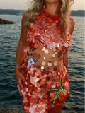 Women Orange Sequin Mini Dress Starfish Fish Applique Sheer Backless Halter Mesh Short Dress Lady Beach Party Vacation Vestidos