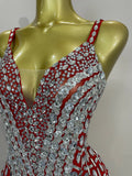 Sexy Sparkly Rhinestones Long Tassels Red Mesh Stretch Bodysuits Women Eveing Party Birthday Nightclub Performance Stage Costume