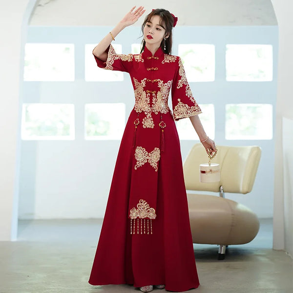 Summer Plus Size Red Toast Dress Bride Cheongsam Dress Chinese Style Wedding Engagement Toast Qipao Dress for Women