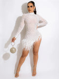 Sexy Pearls Rhinestone Party Dresses Women Elegant Nightclub Feather Birthday Dress Long Sleeve Mesh Sheer Bodycon Dress