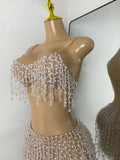 Women Glitter Crop Top Short Mesh Pearls Sets Nightclub Performance Outfit Two Pieces Party Birthday Clothing