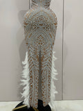 Women Sparkly Rhinestone Feathers Sleeveless O Neck Bodycon Long Dress Wedding Guest Gowns Luxury Birthday Evening Party Dress