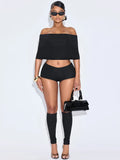 Summer 2 Piece Set Women Simple Trend Slash Neck Mid Sleeve Crop Tops+Shorts+Foot Cover Matching Streetwear Outfits