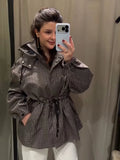 Women Leopard Print 2‑Piece Puffer Outfit Hooded Zip‑Up Padded Jacket + Wide Leg Pants Set Khaki Warm Winter Matching Tracksuit