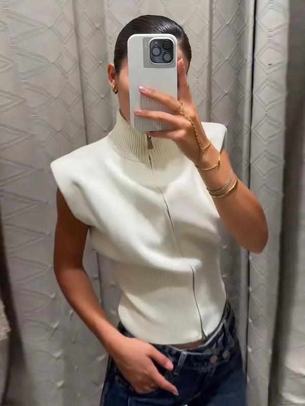 Women Stand Collar Zip‑Up Knit Vest Sleeveless Solid Slim Shoulder Pads Cropped Waistcoat 2026 Autumn Elegant Layering Outerwear