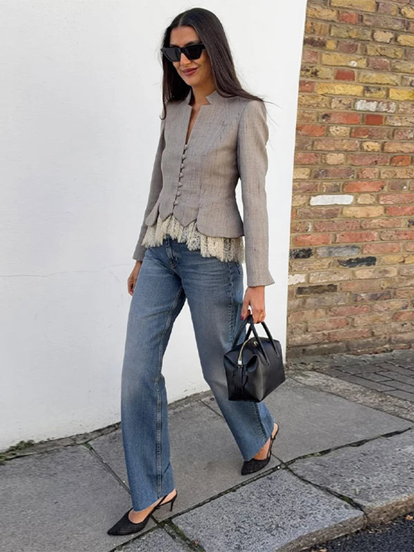 Spliced Lace Hem Jacket Elegant Long Sleeve V-neck Waisted Contrast Lace Bottom Design Casual Coat Autumn Fashion Retro Jackets