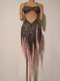 Singer Stage Nightclub Outfit Sexy Chic Gray Pink Glittering Beaded Fringed Halter Dress Performance Costume Dance Party