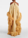 Glam Halter Off Shoulder Floor Length Dress for Women Loose Kaftan Feather Trim Wide Sleeve Back Tie Tassel for Party Gown