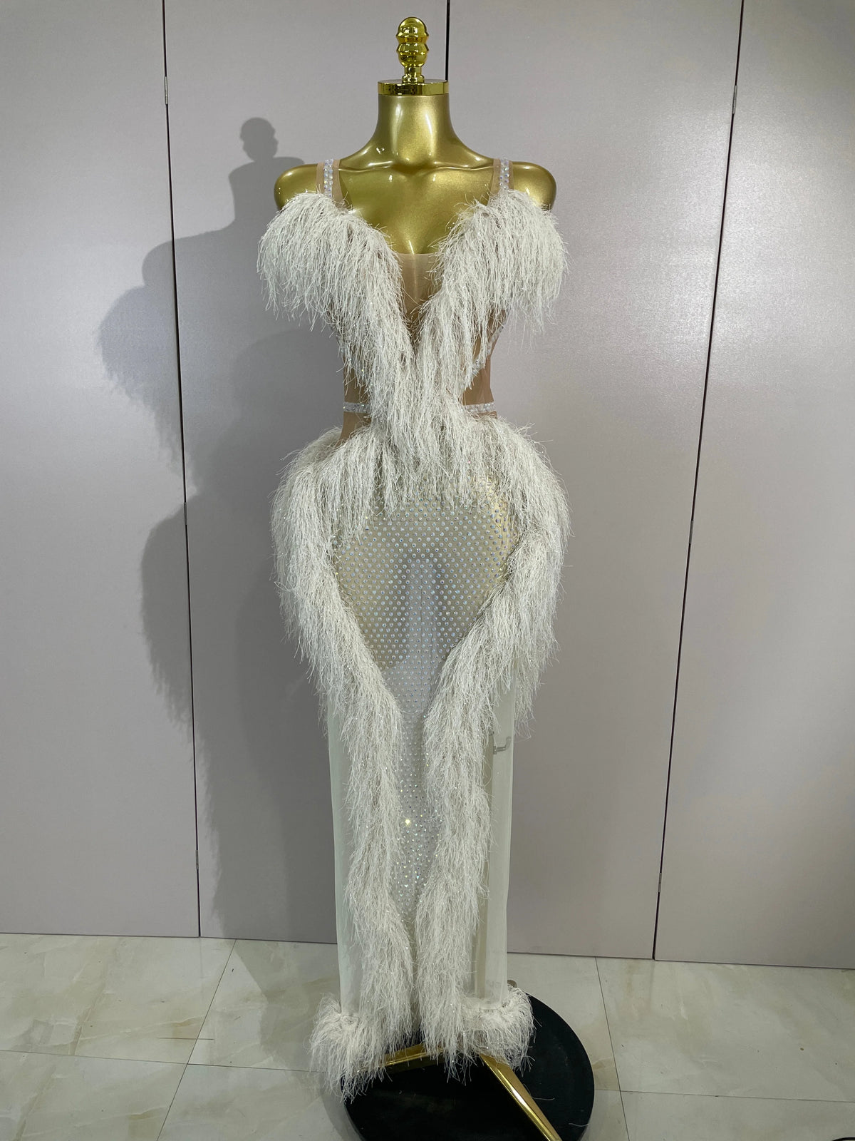 Women Sexy Sparkly Diamonds Tassel Mesh Transparent Long Dress Evening Prom Celebrate Birthday Party Dress Photoshoot Stage Wear