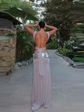 Fashion Shiny Lace Up Long Skirt Set Women Sexy Sleeveless Design sense Chic Short Top Skirts Suit NEW Lady Evening Party Outfit