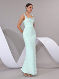 Women'S Luxury Pearl Bead Tight Bandage Long Dress Sexy Square Neck Sleeveless Elegant Evening Wedding Banquet Party Gown