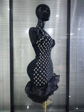 Pink Black Women Sexy Halter Off the Shoulder Sparkly Crystal Ruffles Bodycon Bandage Mini Dress Celebrate Evening Party Outfit