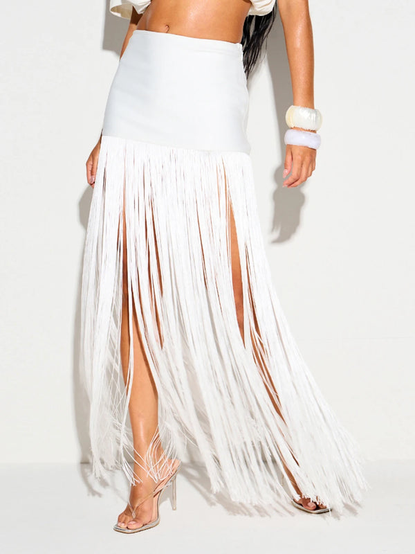 Summer Vacation Coquette High Wist Bodycon Long Skirt Boho Beach Party Tassel Maxi Skirt Women Bandage