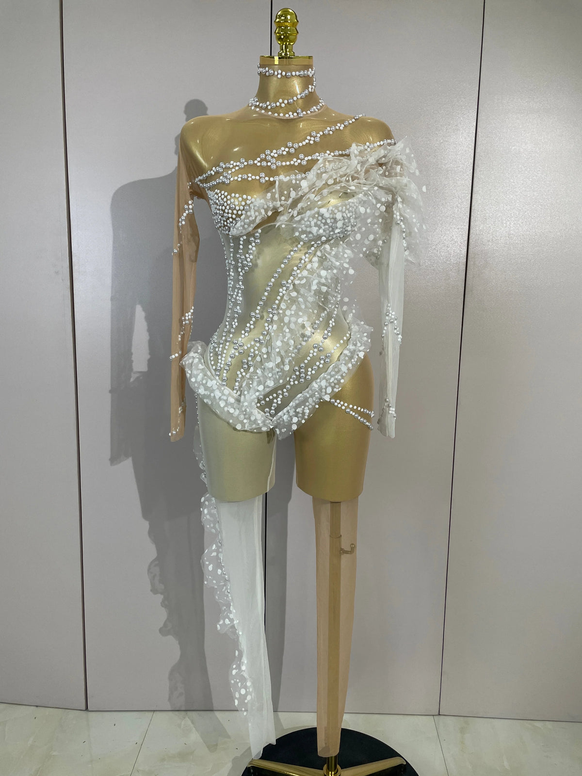 Sexy Mesh See Through Jumpsuit Women Elegant White Pearl Long Sleeves Eveing Birthday Party NightClub Dancer Stage Show Costumes