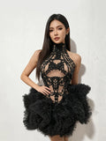 Diamonds Mesh Sexy See Through Cocktail Mini Dress Women Eveing Luxury Birthday Party Singer Nightclub Show Stage Costume