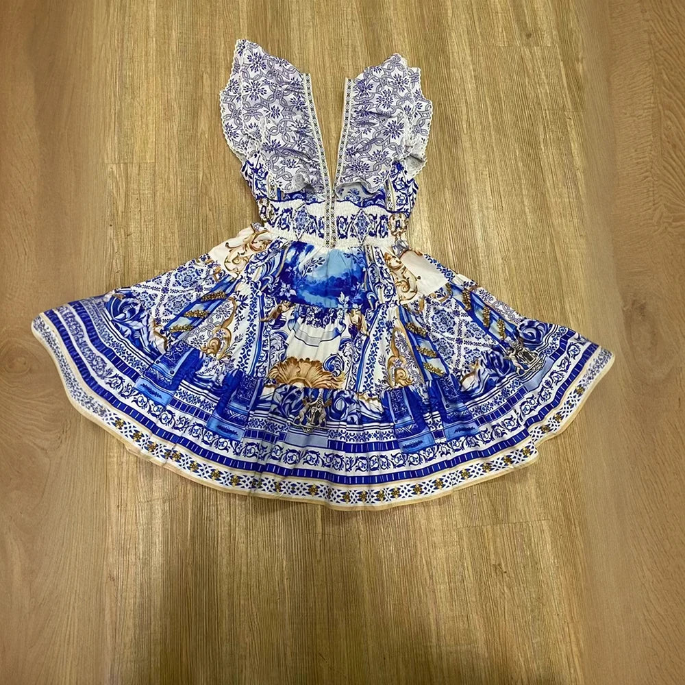 Fashionable Retro Printed Short Dresses for Women Deep Neck Ruffles Sleeve High Waist Patchwork Puff Dress Female Clothing