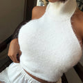 Women's Fuzzy Knit Crop Top Sleeveless Mock Neck Pullover Backless Slim Solid Sexy Y2K Streetwear Casual Party Club Top
