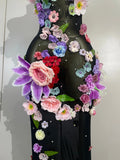 Sexy Halter Mesh See Through Long Dress Women Sparkly Diamonds 3D Flower Evening Party Birthday Photoshoot Nightclub Stage Wear