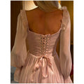Shining Square Collar Ruffle Trim Fishbone Waist Cinched Short Dress Flare Sleeved Backless Lace Up Mini Dresses Elegant Gowns