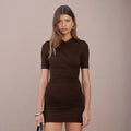 Sexy Slim Ruched Dress Women Cross-Ruched Short-Sleeve Solid Bodycon Dress 2026 Summer New Party Club Fashion Short Dress
