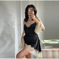 Elegant Lace Patchwork Satin Mini Dress Women High Collar Flare Sleeve See Through Party Dresses Autumn Lady Evening Robes