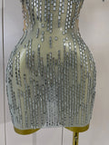 Sexy Sparkly Rhinestones Sleeveless Mesh See-Through Mini Dress Women Eveing Party Dancer Bar Nightclub Stage PhotoShoot Costume