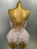 Sexy Pearl Sequins Tassel Sleeveless Glitter Mini Dress Women Singer Bar Nightclub Stage Performance Clothing Show Outfit