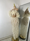 Women Mesh Lace Sexy Openback Two Pieces Sequins Floor-Length Outfit Night Club Skirt Suits Dancer Singer Performance Costume