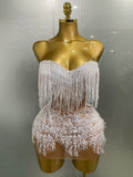 Sexy Pearl Sequins Tassel Sleeveless Glitter Mini Dress Women Singer Bar Nightclub Stage Performance Clothing Show Outfit