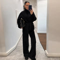 Women Stand Collar Knitted Two Piece Set Belted Long Sleeve Sweater Top Wide Leg Pants 2026 Autumn Winter Casual Knit Outfit