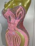2026 Sexy Sparkly Pink Rhinetones Sequins Strapless Mesh Sheer Long Dress Birthday Evening Celebrate Party Nightclub Stage Wear