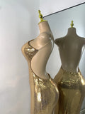 Luxury Sequins Gold Party Dress Women Sexy Halter Backless Evening Birthday Gown Hollow Out Celebrity Gala Music Festival Dress