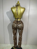 Sparkly Rhinestones Chains Leopard Print Bikini Top Pants Two Pieces Set Sexy Eveing Party Birthday Nightclub Dancer Stage Wear