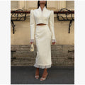 White Ruffle Stand Collar Peplum Skirt Set Romantic High Neck Long Sleeve Slim Co-ord 2026 Spring Wedding Dating Party Outfit