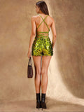 Women Black Green Star Party Sequin Playsuit Mono Overall Overoles Deep V Neck Overalls Women Summer One Pieces Romper