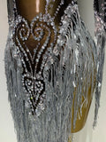 Sparkly Rhinestones Sequins Fringes Birthday Celebrate Evening Dress Women Sexy Mesh Transparent Dance Costume Photo Shoot Wear