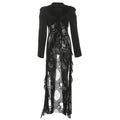 Jacquard Patchwork Long Coat Women Autumn Trend Elegant Irregular Hem Full Sleeve Bandages Dell V-Neck Chic Streewear