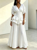 V Neck Puff Short Sleeve Maxi for Dress Women Ruched Fitted Waist Tiered Double Ruffle Hem for Summer Daily Party Occasion