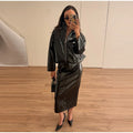 Women 2‑Piece Outfit Glossy Waxed Faux Leather Zip‑Up Jacket And High Waist Split Midi Skirt Set Fall Streetwear Matching Suit